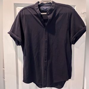 Zara Man Slim Fit Button Down SS Mandarin/Band Collar Navy Blue Knit Shirt, XL